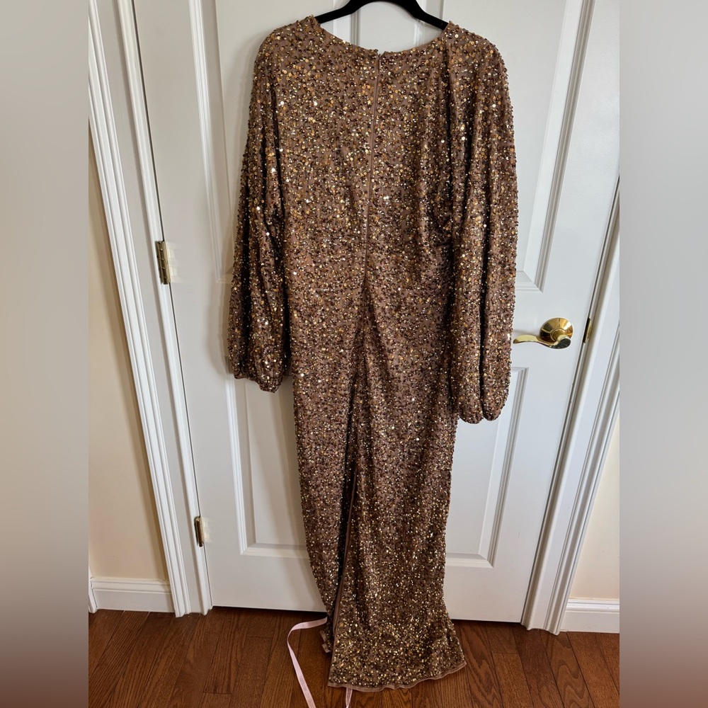 Mac Duggal Gold Sequined Long Sleeve V-Neck Gown - Picture 5 of 10